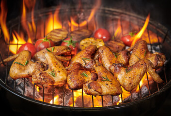 Grilled chicken wings on the flaming grill with Grilled vegetables in barbecue sauce with pepper seeds rosemary, salt. top view with copy space. tasty snack. Flat lay. Healthy lunch menu. Diet food.