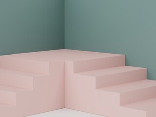 3d rendering of pastel minimal scene of white blank podium with earth tones theme. Muted saturated color. Simple geometric shapes design.