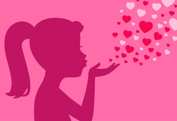 Obraz na płótnie Canvas Silhouette of woman blowing kisses hearts, Romantic love and Valentine's day concept, Flat design on pink background, Vector illustration