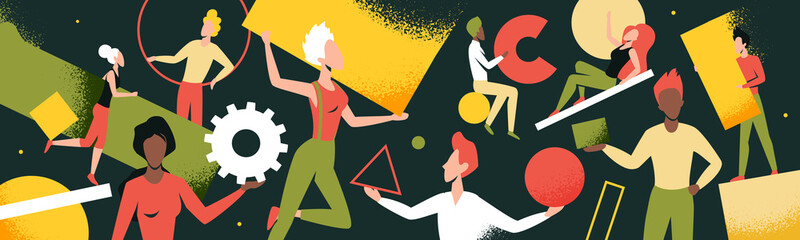 Wide panorama header abstract geometric shapes, flying people, teamwork concept vector illustration. Cartoon tiny woman man team floating in space with figures of geometry, cogwheel gears background