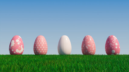 Easter Eggs on a grass lawn, with a clear blue sky. Beautiful Pink Eggs with Circle, Ring and Floral patterns. 3D Render