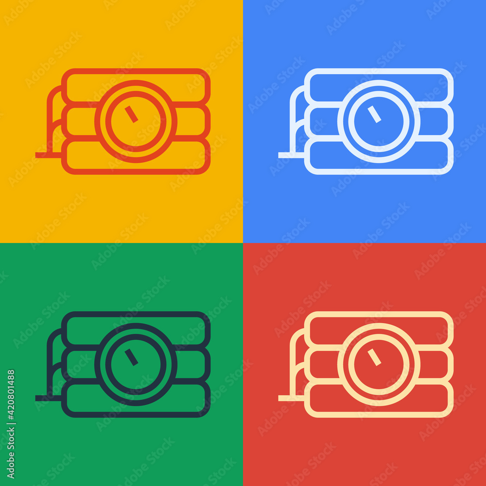 Poster pop art line detonate dynamite bomb stick and timer clock icon isolated on color background. time bo