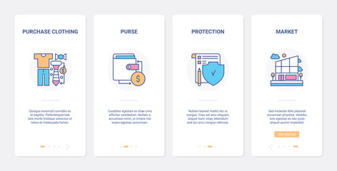 Retail shopping online, money protection technology vector illustration. UX, UI onboarding mobile app page screen set with line safe internet shop or store for buying clothes, purchase goods symbols