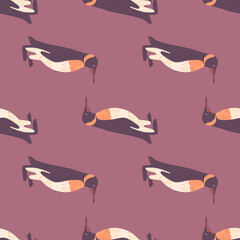Abstract animal seamless pattern with doodle simple penguin print. Dark pink pale background.