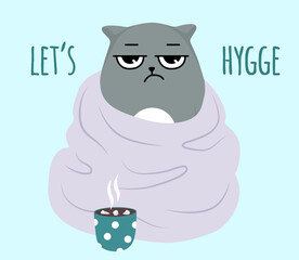 Grumpy cat .drinks cocoa in a blanket. Fall time. Let's hygge