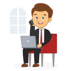 Sitting business manager character talking in mobile phone