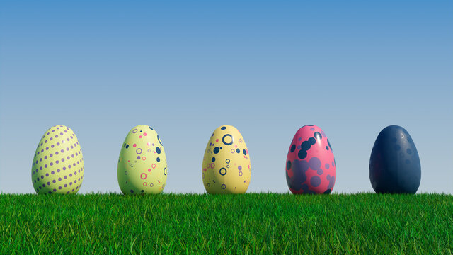 Easter Eggs on a grass lawn, with a clear blue sky. Beautiful Yellow, Navy and Pink Eggs with Spotted and Polka Dot patterns. 3D Render