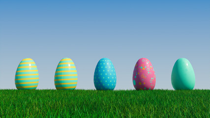 Easter Eggs on a grass lawn, with a clear blue sky. Beautiful Blue, Yellow and Pink Eggs with Striped and Spotted patterns. 3D Render