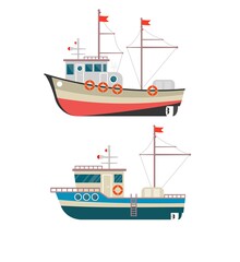 Commercial fishing boat side view isolated icon. Sea or ocean transportation, marine ship for industrial seafood production.