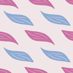 Fototapeta na wymiar Pink and blue colored simple leaf shapes ornament seamless pattern. Light pastel background.