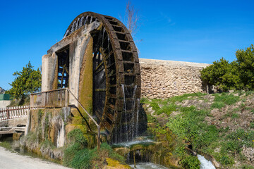 Ancient arabic mill, water noria at Abaran village in Murcia region Spain Europe - obrazy, fototapety, plakaty