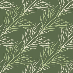 Botanic seamless doodle pattern with light tree branches silhouettes print. Pale green olive background.