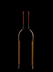 Backlit bottle image on a black backdrop and white side lights highlighting the red colors of the bottle neck and golden yellow of the label
