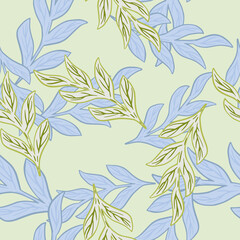 Fototapeta na wymiar Pastel tones seamless pattern with blue and green random branches elements. Light grey background.