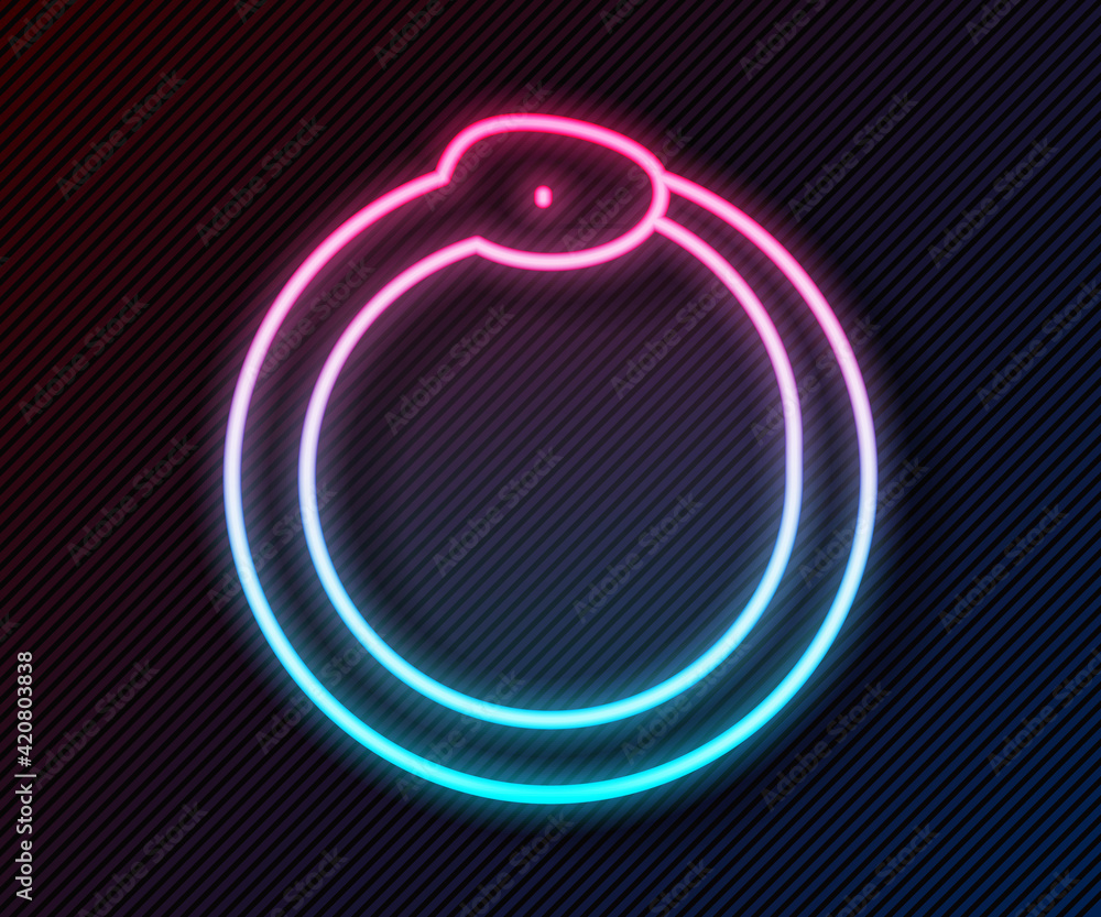 Poster glowing neon line magic symbol of ouroboros icon isolated on black background. snake biting its own 
