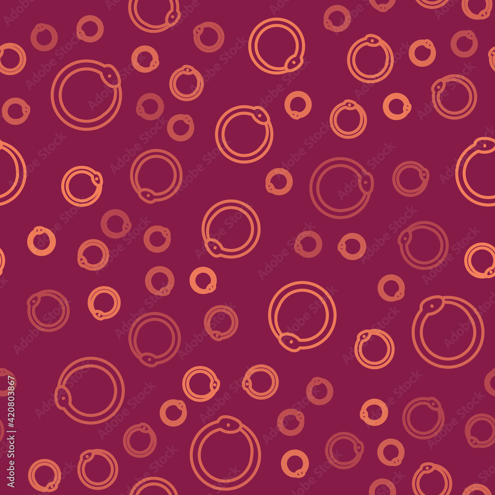 Poster brown line magic symbol of ouroboros icon isolated seamless pattern on red background. snake biting 