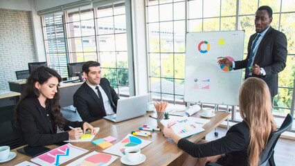 Collaboration is a key to best results. Group of young modern people in smart clothing wear planning business strategy while young man pointing at infographic displayed on the glass wall in the office