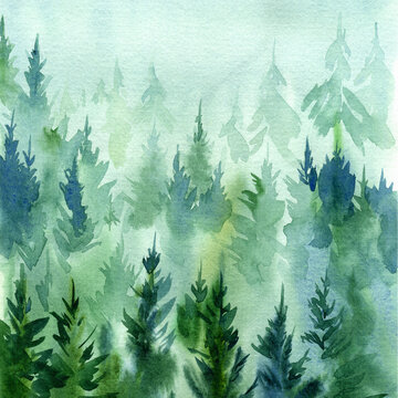 Beautiful forest landscape in fog, watercolor illustration. © Hanna