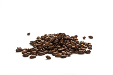 Cappuccino and coffee beans on a white background.