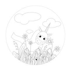 Unicorn in grass round monochrome banner. Flower leaves art nature design element stock vector illustration for web, for print