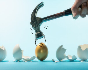 Intact golden egg holds the hammer among broken white eggs. Funny character. The concept of...