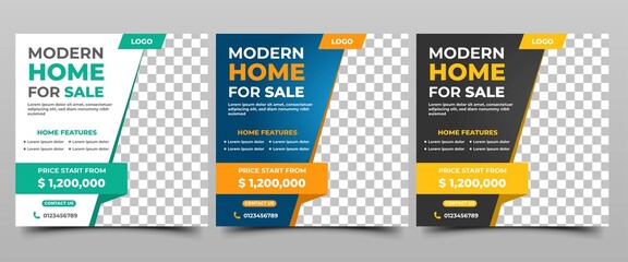 Social media post template Home sale. White, blue, and black background color banner design template. Vector design with place for the photo. Suitable for social media, flyers, and web internet ads.