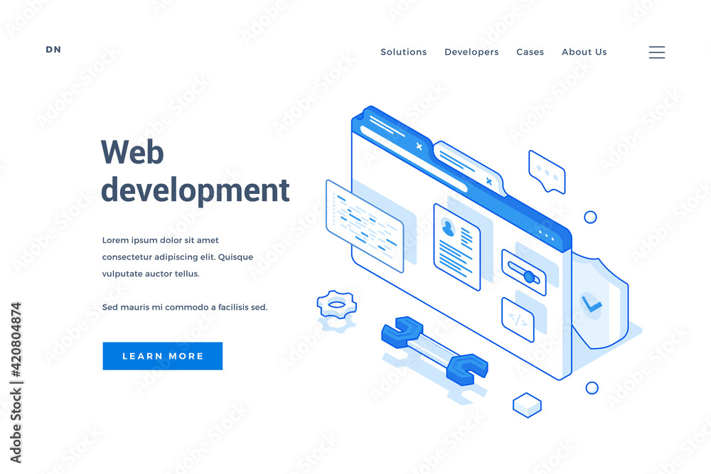 Poster isometric banner about web development in internet