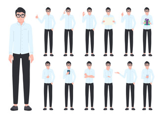 Businessman in different poses set. Office male character gestures, emotions in various action