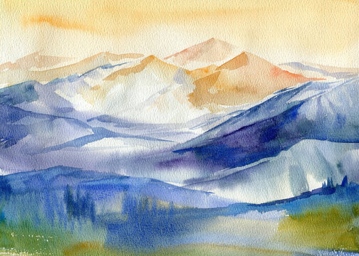 Mountain landscape of peaks at sunset with panoramic views. Watercolor illustrations.