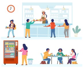 School canteen, cafeteria, cafe scene set, flat vector isolated illustration. Happy children having lunch.