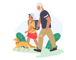 Grandfather walking with grandson and dog in the park, flat vector illustration. Grandparent grandchild relationships.