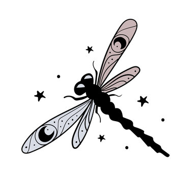 Dragonfly hand drawing with stars and crescent moon, mystical boho tattoo. Silhouette of a beautiful insect with wings, an element for natural design. Vector line illustration isolated on white vector de Stock