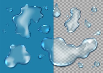 Water puddle set, vector isolated top view illustration. Realistic water splashes, droplets, liquid spills