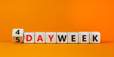 4 or 5 work day per week symbol. Turned the cube and changed words '5 day week' to '4 day week'. Beautiful orange background. Copy space. Business and 4 or 5 day week concept.
