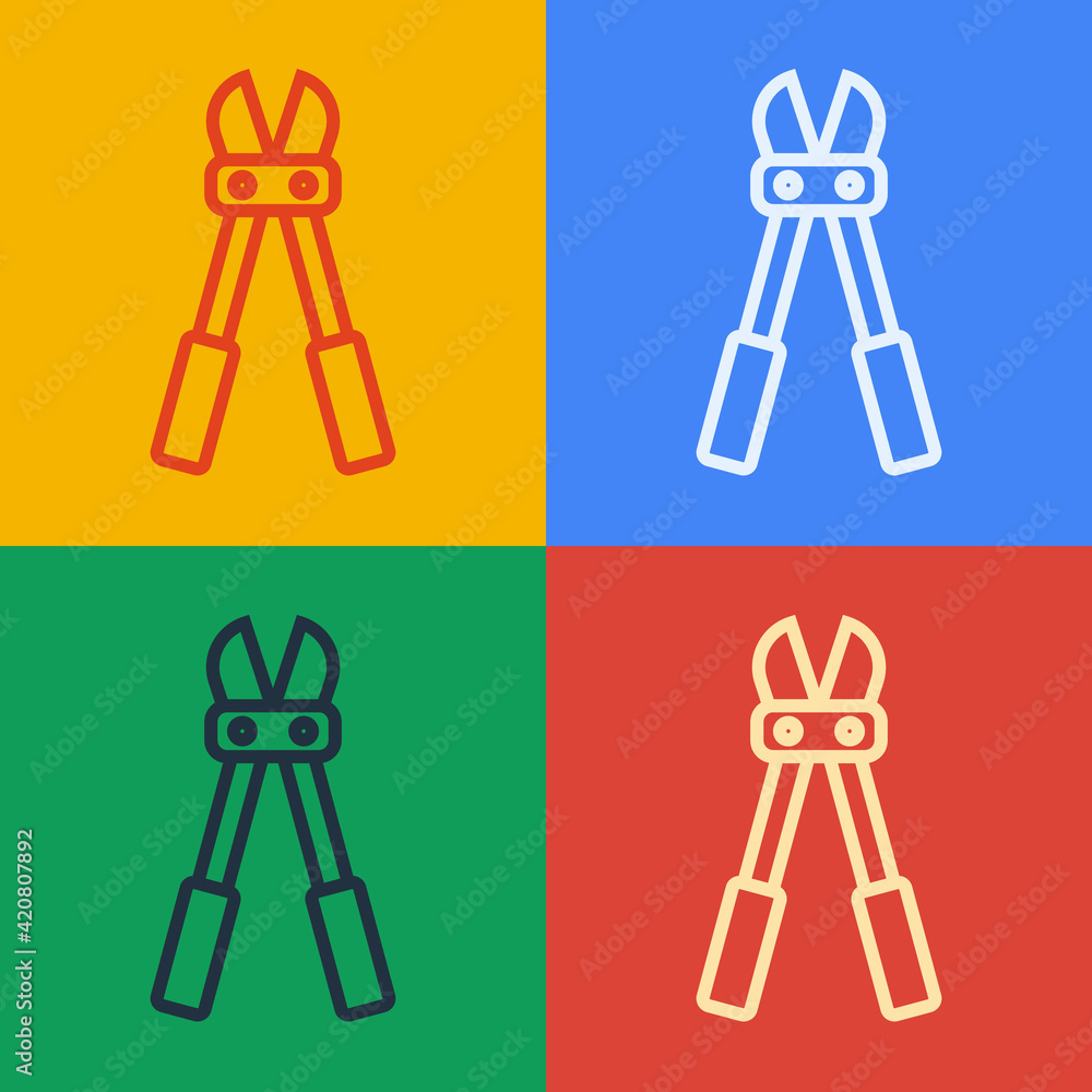 Aufkleber pop art line bolt cutter icon isolated on color background. scissors for reinforcement bars tool. ve