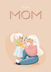 Greeting card for Mother's Day in bed colors. Vector graphics. The girl gives her mother a bouquet of flowers.