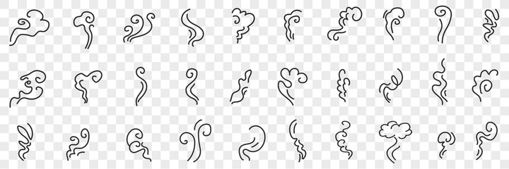 Wind and curves doodle set. Collection of hand drawn various abstract shapes of curves of wind of air flow isolated on transparent background