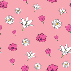 Vector pink background white pink floral seamless pattern. Daisies, Lilies, Tulips. Seamless pattern background