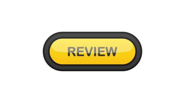 Review yellow realistic 3D button isolated on white background. Hand clicked. Motion graphic.