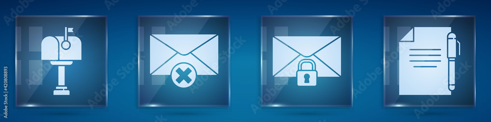 Aufkleber set mail box, delete envelope, mail message lock password and document and pen. square glass panels.
