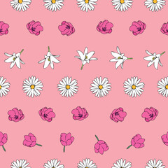 Fototapeta na wymiar Vector pink background white pink floral seamless pattern. Daisies, Lilies, Tulips. Seamless pattern background