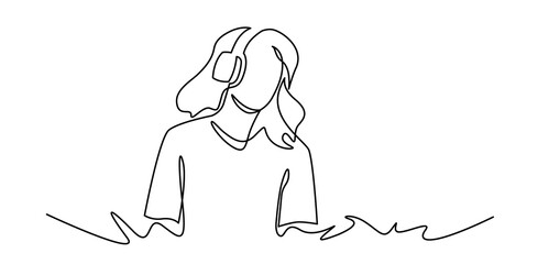 Continuous one line drawing of Young woman listens to music. DJ girl with earphones. Lifestyle teeanager clipart. Spending free time, rest. Leisure activity.