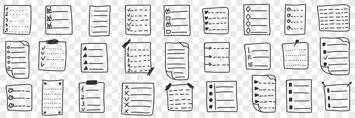 Fulfilled controlling checklists doodle set. Collection of hand drawn checklists with done or undone tasks and aims planning organiser isolated on transparent background © drawlab19