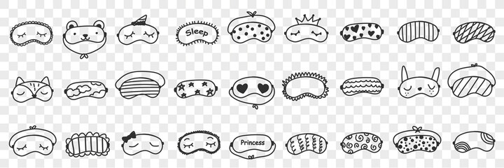 Masks for sleeping doodle set. Collection of hand drawn elegant masks on eyes for comfortable sleeping personal accessories isolated on transparent background © drawlab19