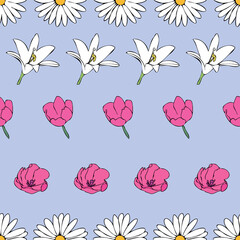 Fototapeta na wymiar Vector blue background white pink floral seamless pattern. Daisies, Lilies, Tulips. Seamless pattern background