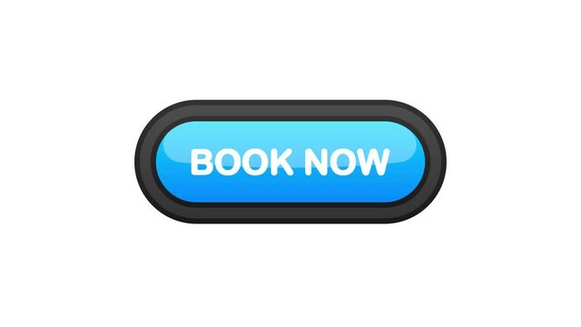 Book Now blue realistic 3D button isolated on white background. Hand clicked. Motion graphic.