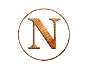 3D illustration hard wood plank letter N, brown color alphabet, circle round design element , isolated on white 