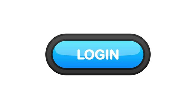 Login blue realistic 3D button isolated on white background. Hand clicked. Motion graphic.
