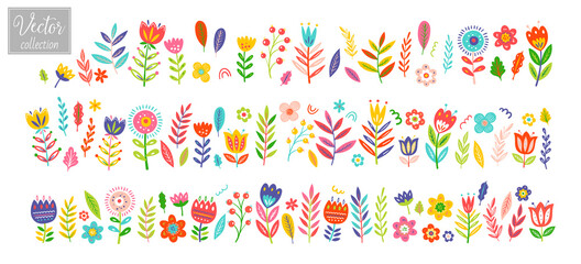Flower and leaves collection in doodle style. Colorful design for cards, stickers, printed materials. Vintage style. Vector flat style design. Cute floral illustration. Child cartoon flower