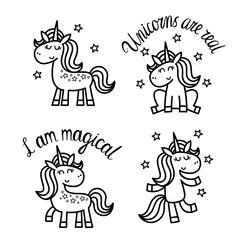 Cartoon magical unicorns with stars isolated on white.